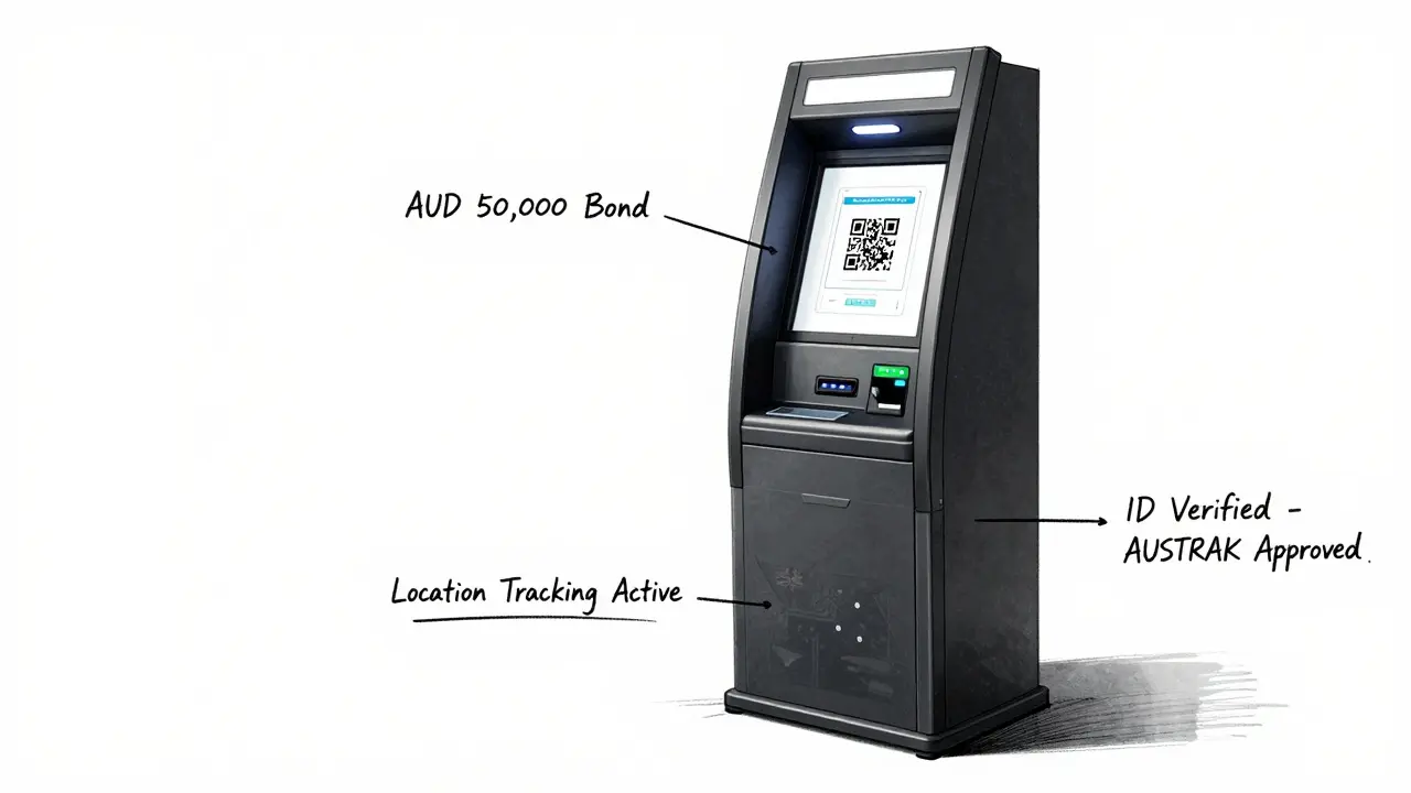 Sketch of an AUSTRAC-compliant crypto ATM with biometric scanner and compliance indicators.
