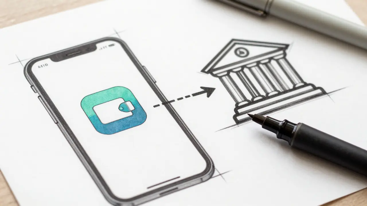 Sketched phone app connecting to bank vault icon via lines.