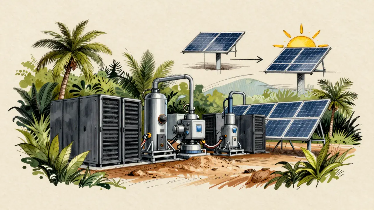Technical sketch of server racks near tropical nature scenery.