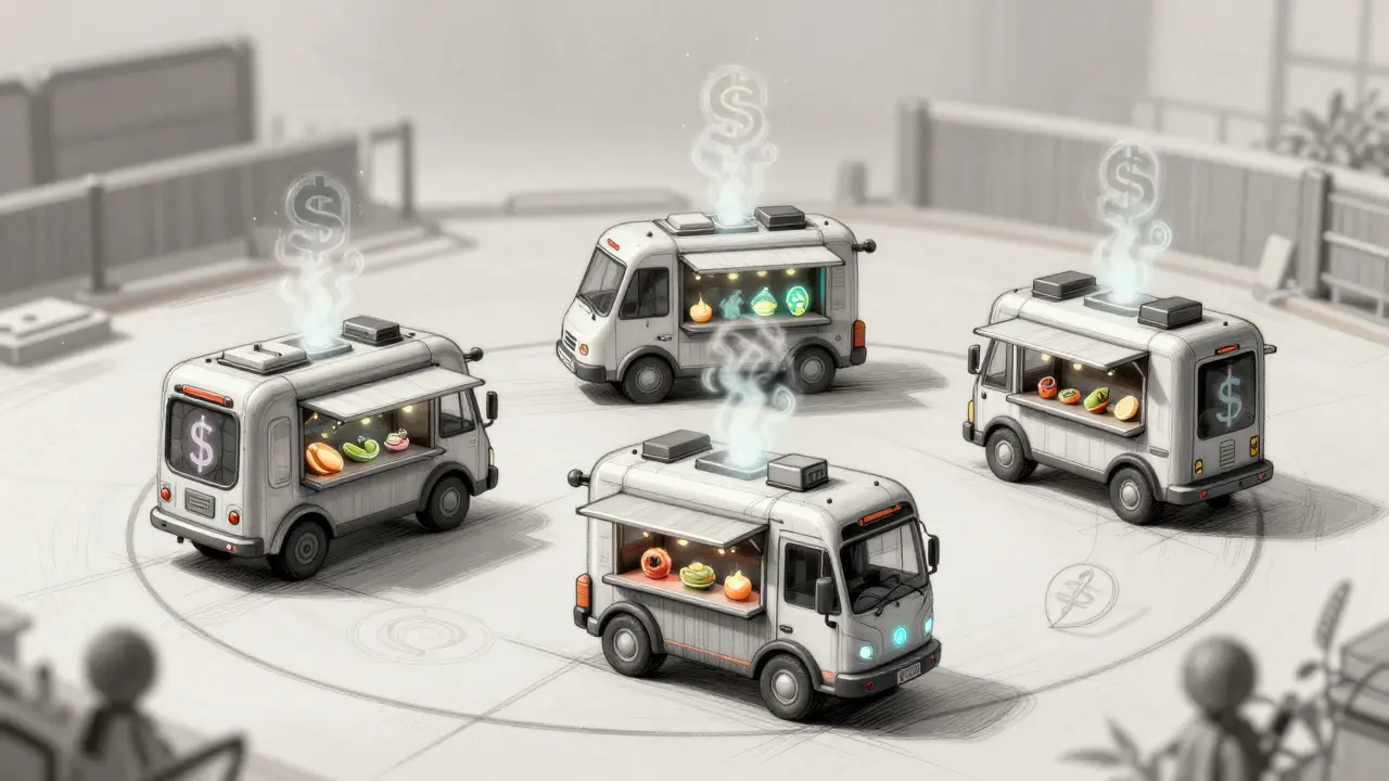 Three futuristic food carts in a competitive arena, each with glowing ingredient NFTs, drawn in technical sketch style.