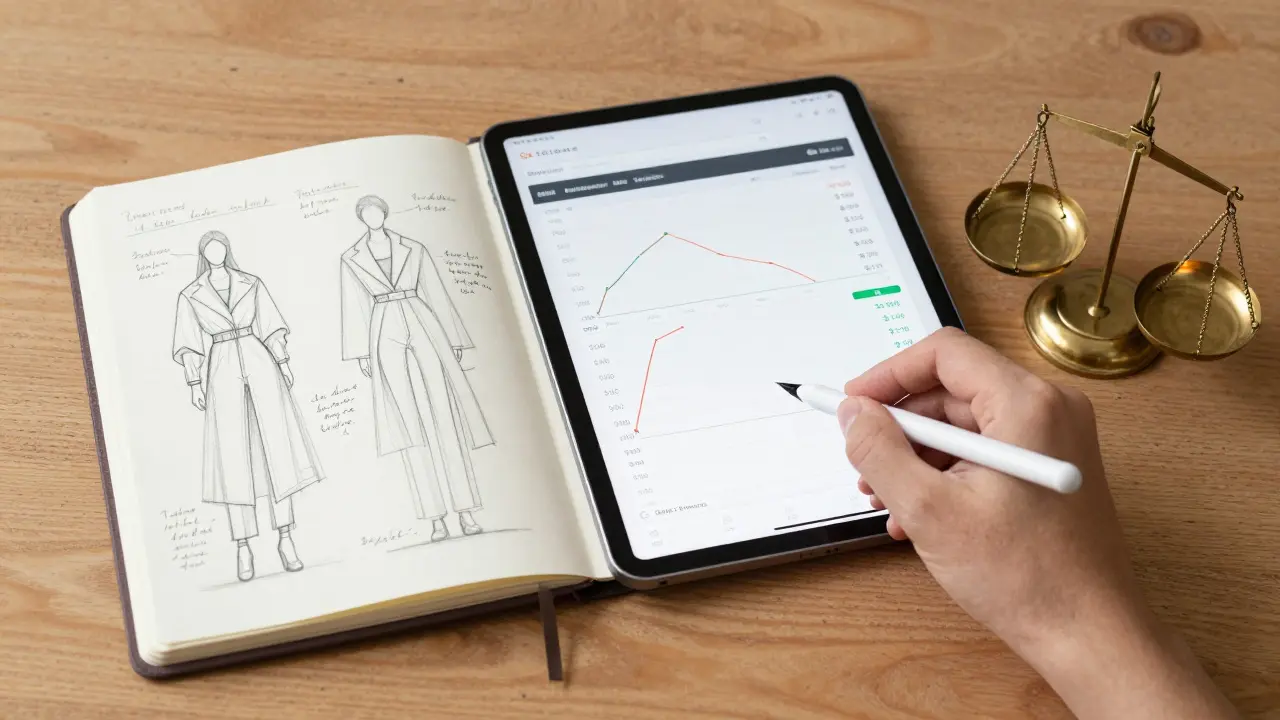 Trader's toolkit with notebook, tablet, and scale illustrating risk and reward in crypto trading.