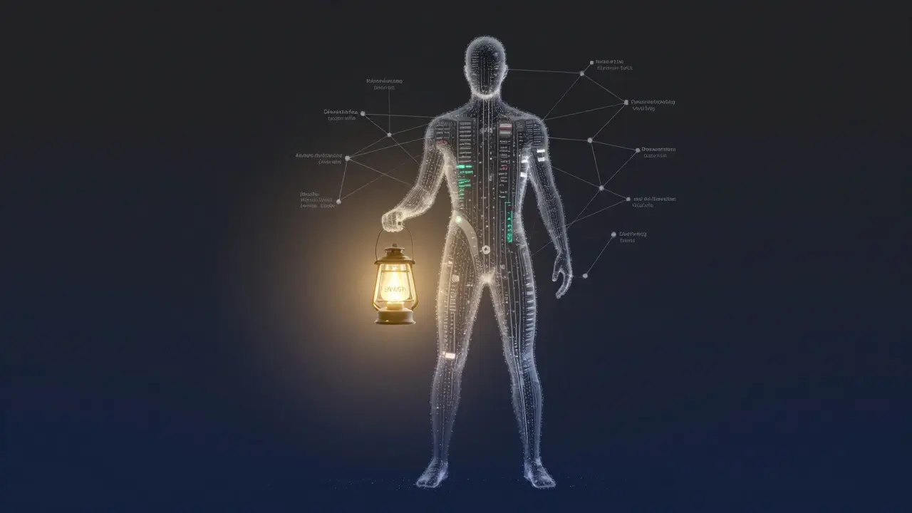 Translucent human figure made of browsing data, holding a SWASH token as a light source.