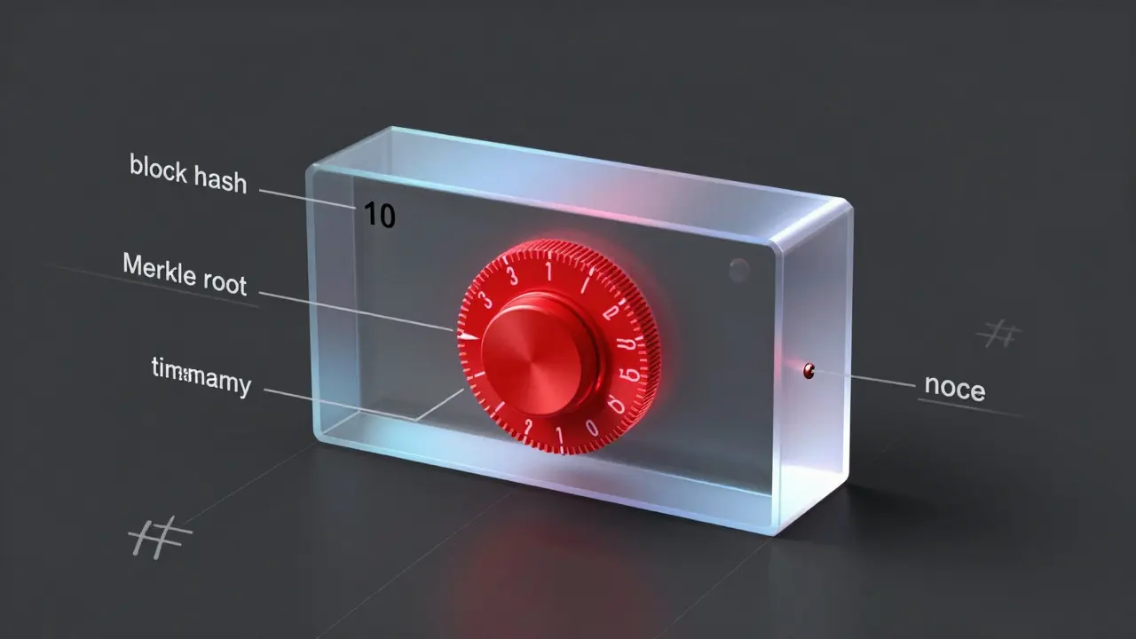 Transparent block header model with fixed components and rotating nonce dial.