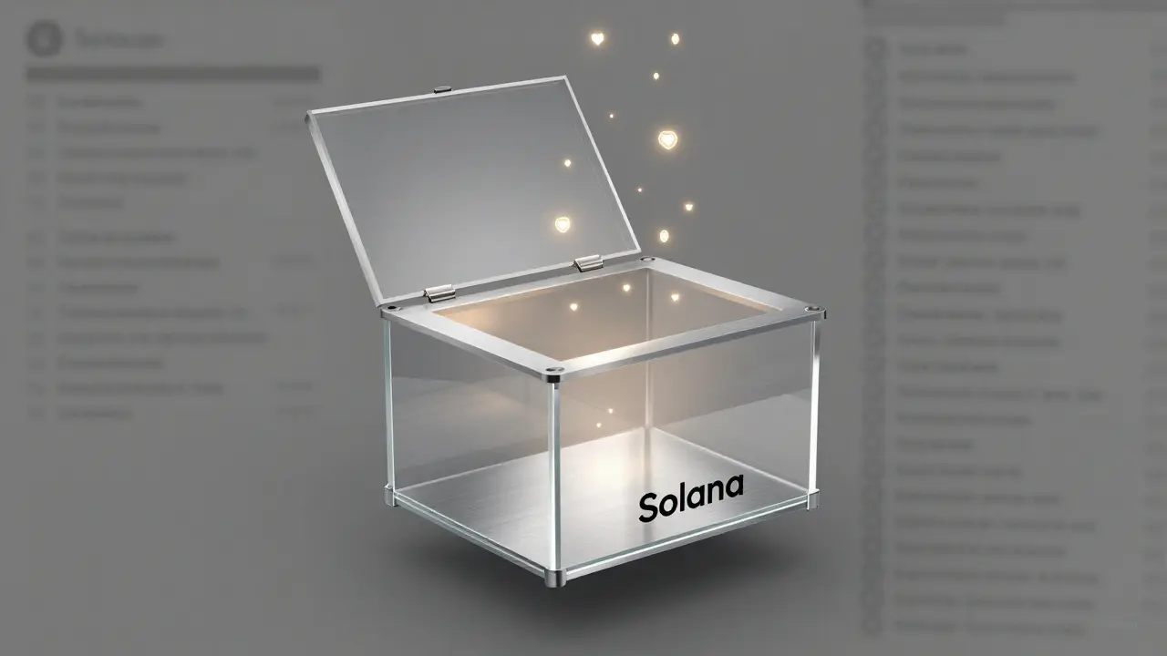Transparent donation box glowing with Solana tokens streaming into it, in design sketch style.
