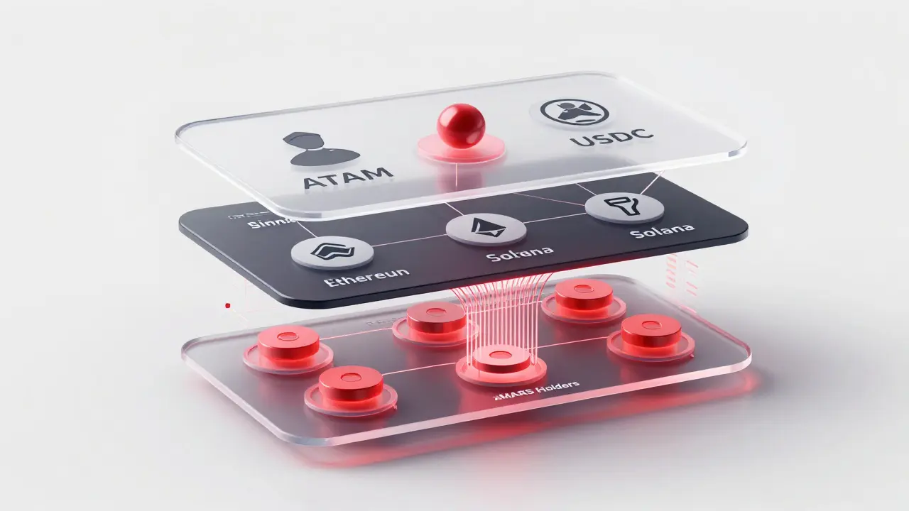 Transparent financial card showing cross-chain leverage pathways and xMARS risk-sharing nodes in cutaway view.