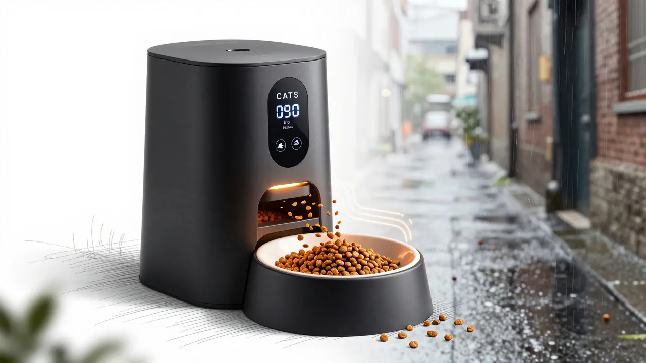 Urban cat feeder with digital donation display and falling kibble, glowing transaction lines.