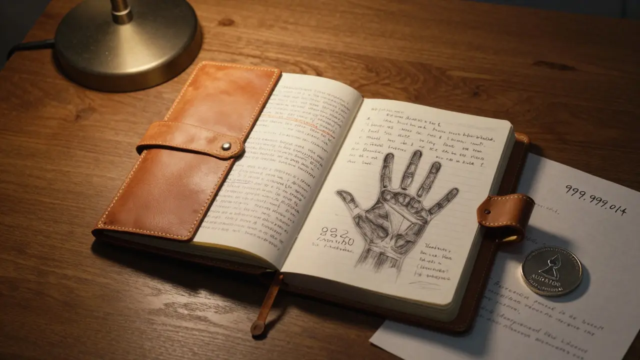 Worn journal with handwritten notes and a single AURA1000 token, lit by warm lamp light.