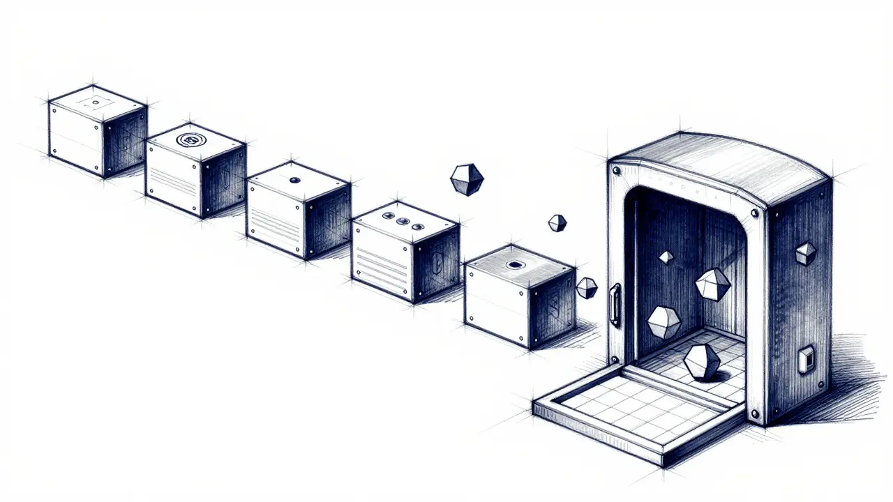Architectural design sketch of digital assets flowing into a secure exchange vault.