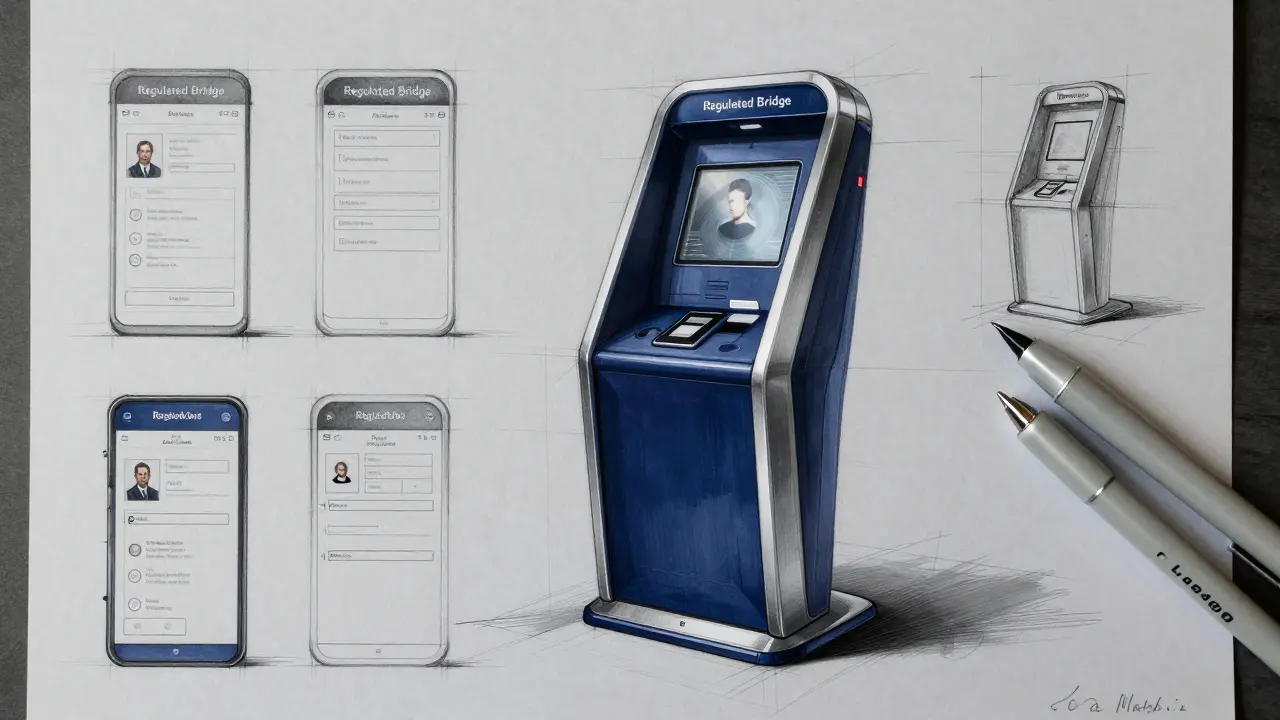 Architectural product sketch of a futuristic banking kiosk for regulated cryptocurrency transactions.
