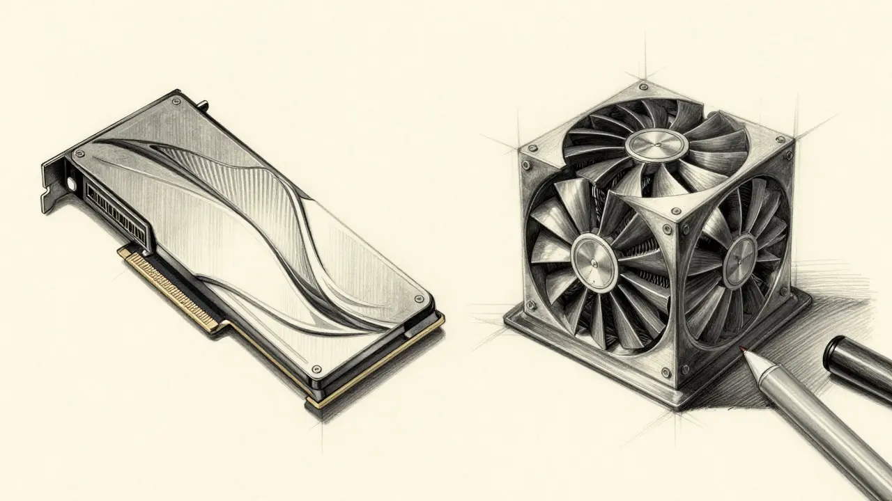 Comparison sketch showing the design differences between a GPU and an ASIC miner