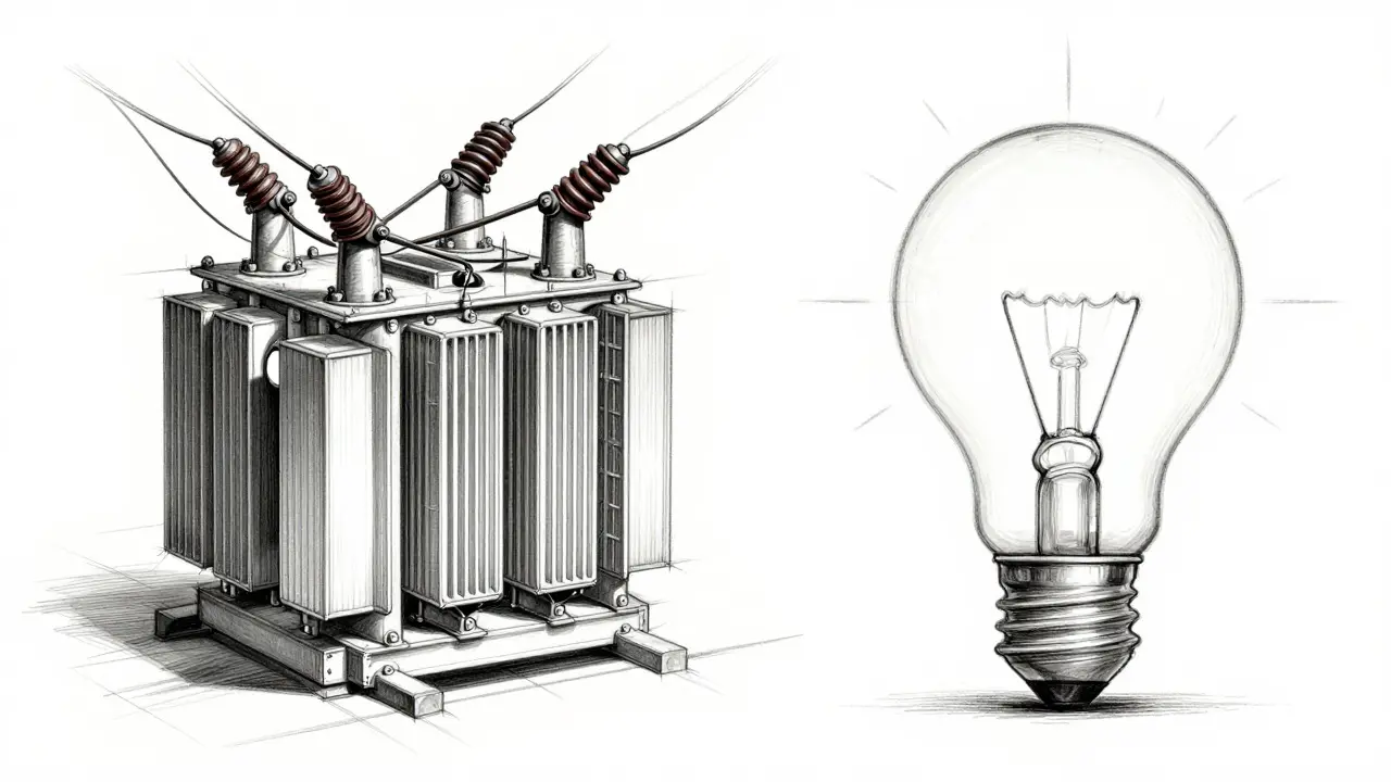 Conceptual design sketch contrasting a large power transformer with a simple residential light bulb.