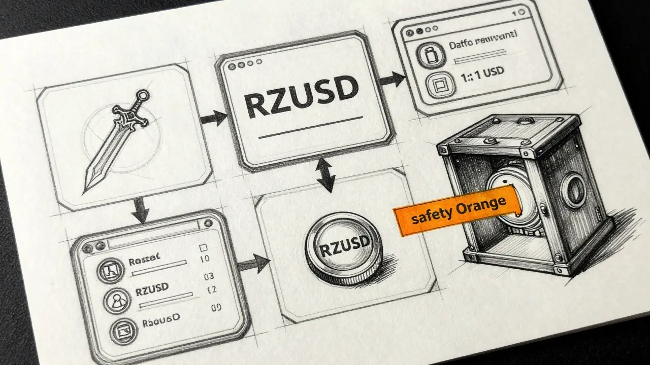 Design blueprint sketching the flow of RZUSD tokens from in-game items to a digital wallet.