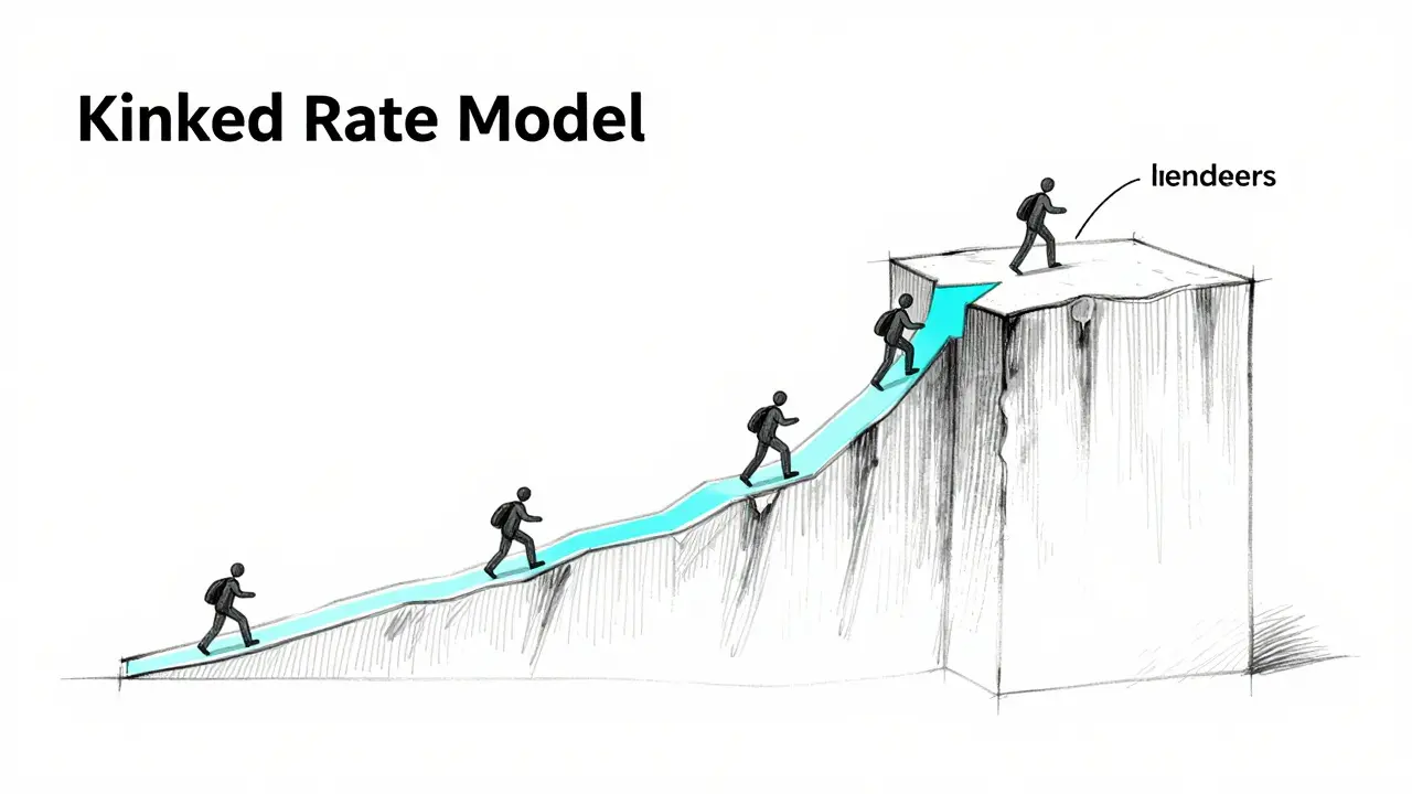 Design sketch of a 3D graph illustrating the steep slope of a kinked interest rate model