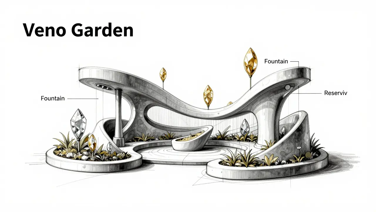 Design sketch of a conceptual high-tech garden with crystalline VNO tokens.