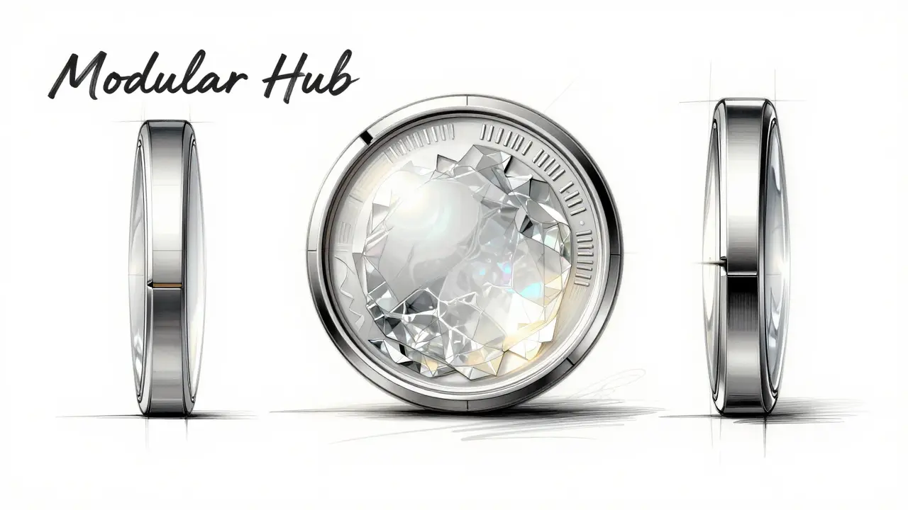 Design sketch of a modular futuristic coin with a crystalline core and silver shell