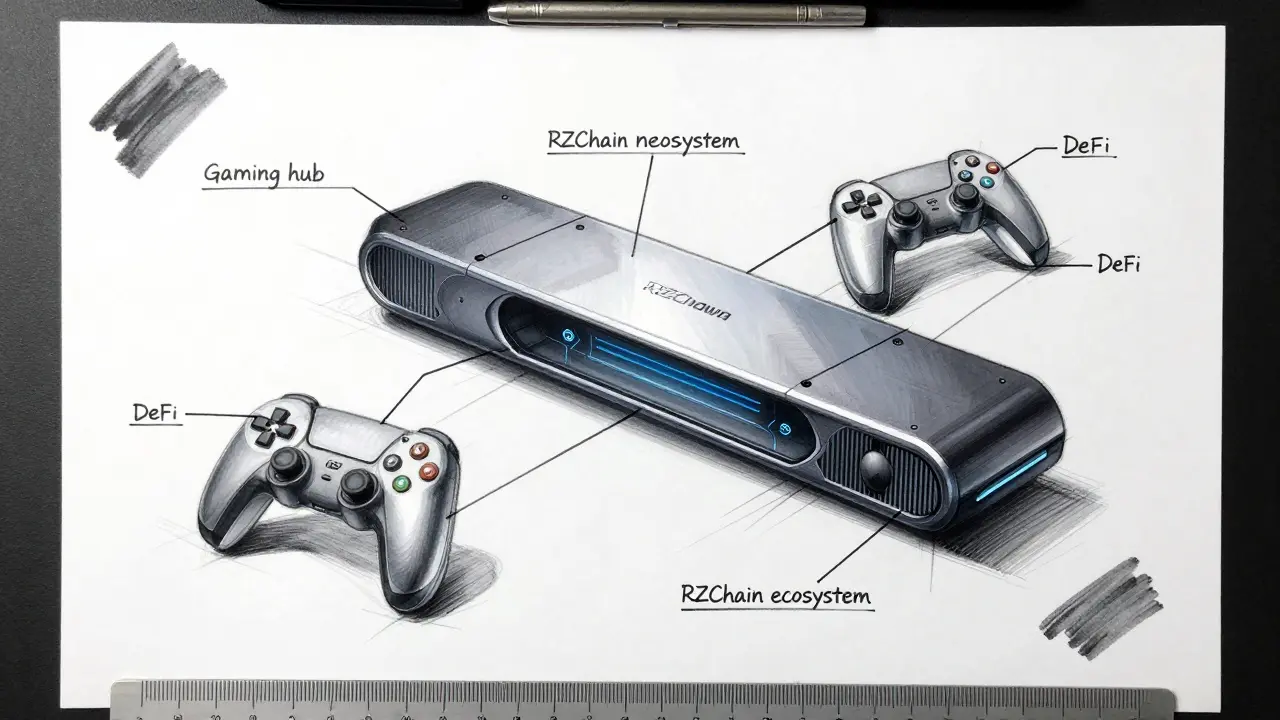 Exploded view product sketch of a conceptual RZChain hardware hub connecting gaming and DeFi.