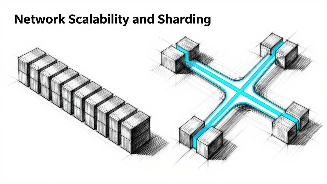 Industrial design sketch comparing a single blockchain to a parallel sharded network.