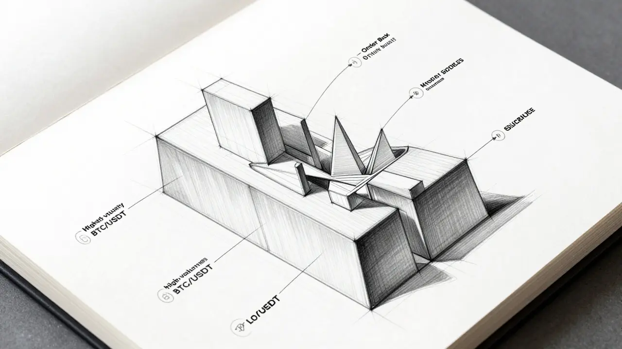 Industrial design sketch of a 3D order book structure illustrating market liquidity and slippage.