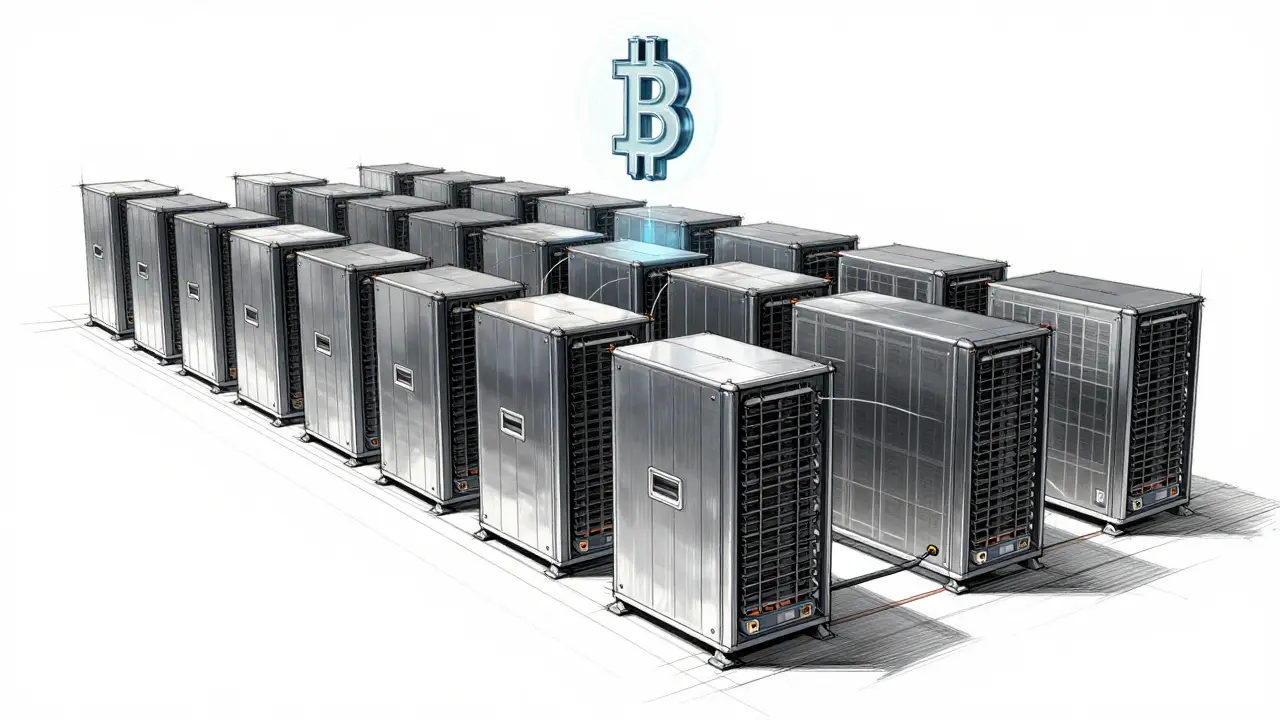 Industrial design sketch of a cryptocurrency mining farm with high-tech hardware.