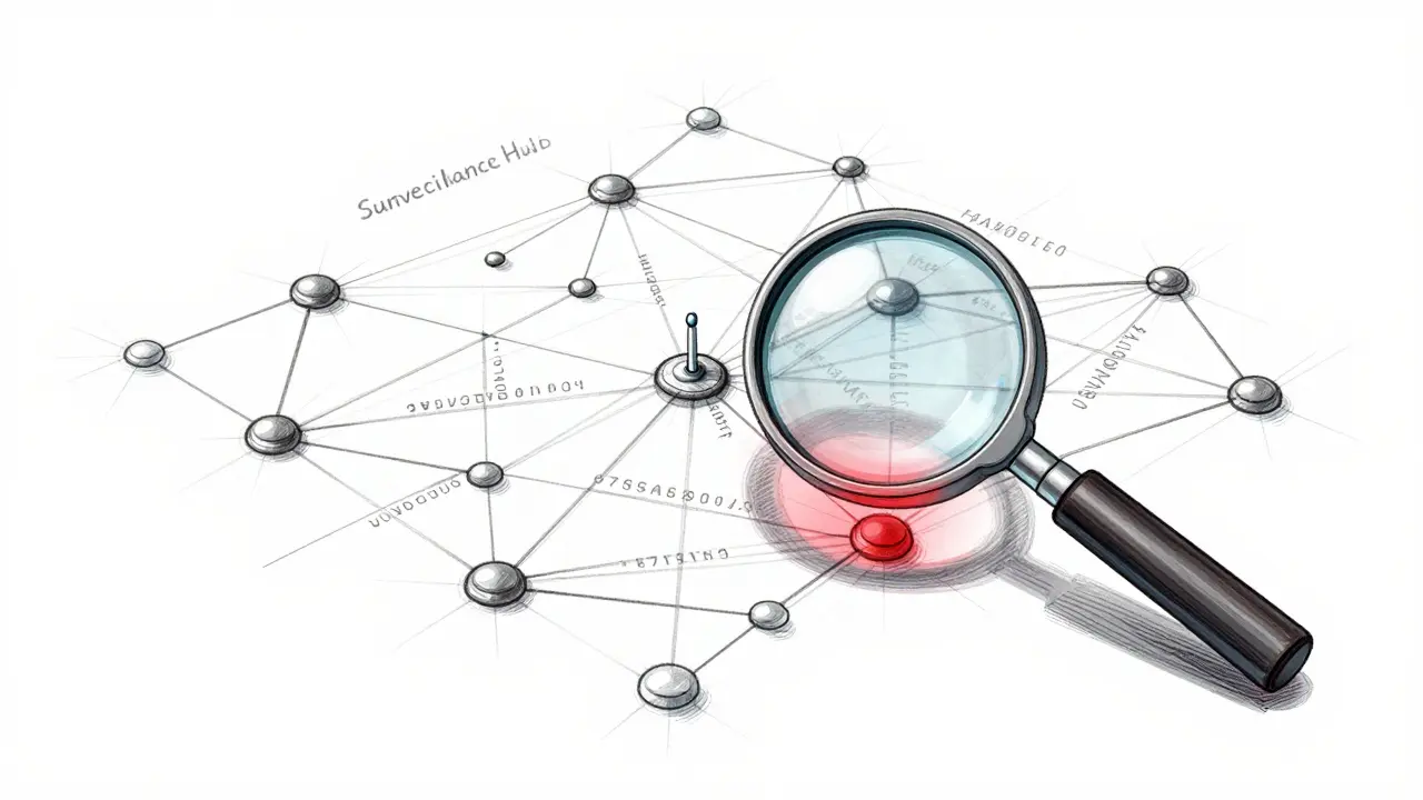 Industrial design sketch of a digital network with a targeted red highlight on one node.