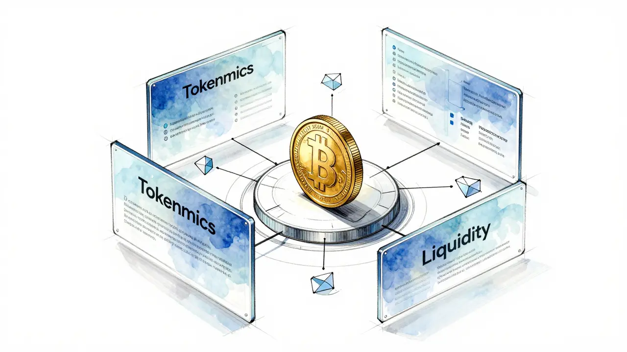 Industrial design sketch of a digital tokenomics ecosystem with floating panels.