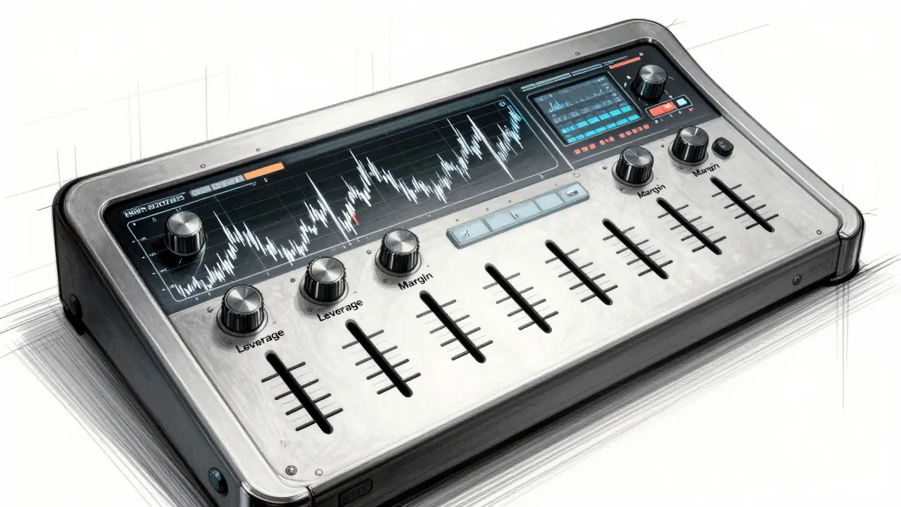 Industrial design sketch of a professional trading control panel with leverage sliders and charts.