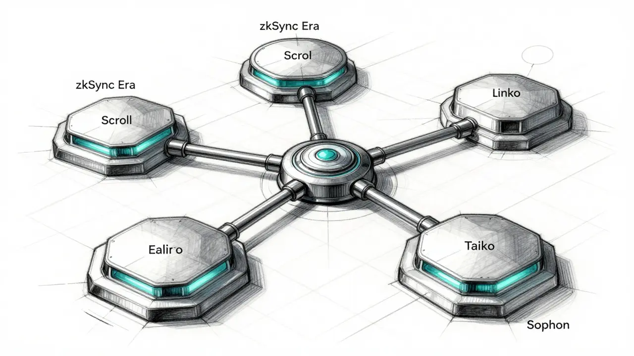 Industrial sketch of a central hub connecting five different blockchain networks on a blueprint background.