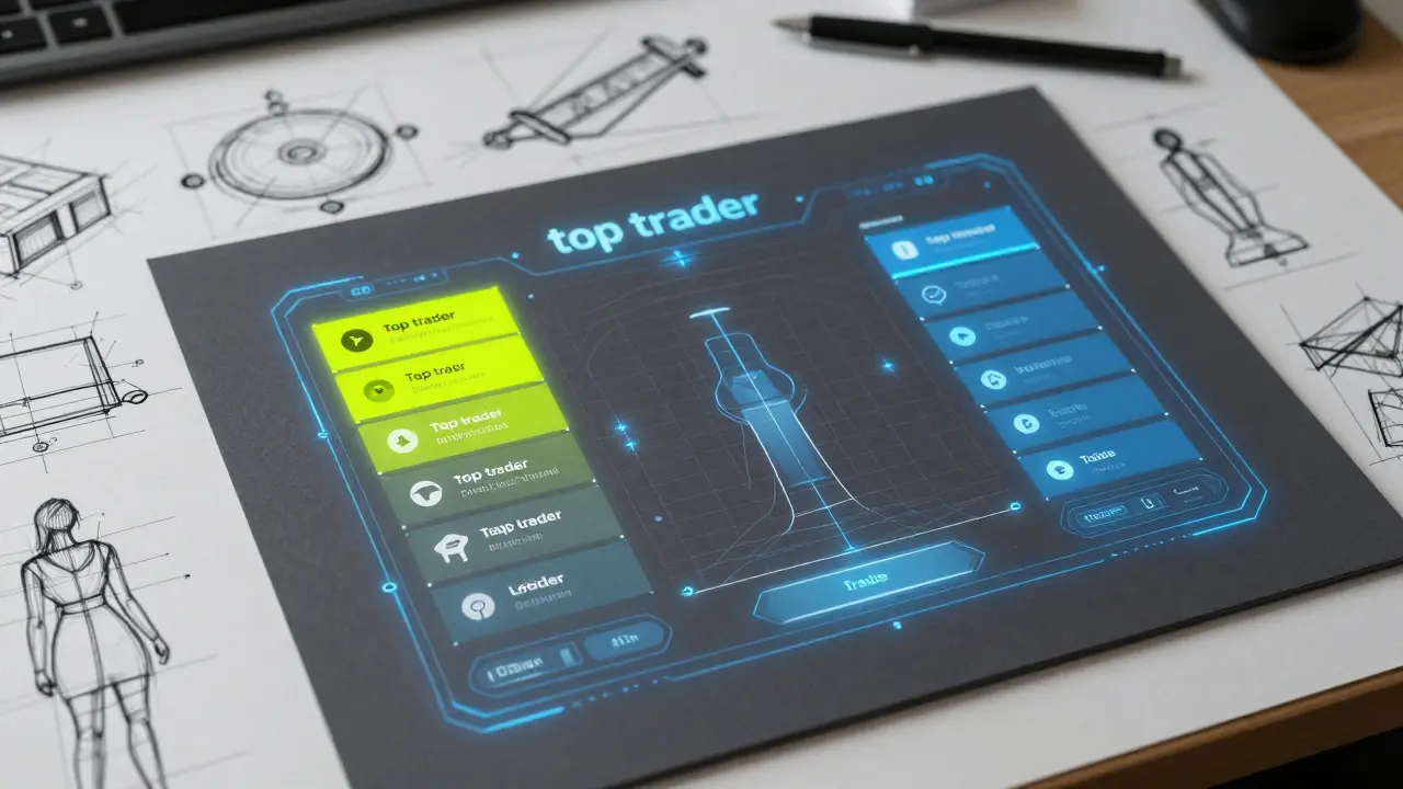 Product design blueprint of a holographic trading leaderboard interface