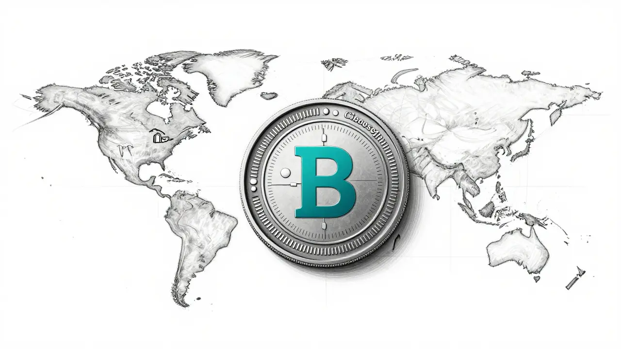 Product design sketch of a crypto token surrounded by a regulatory mechanical ring on a map.