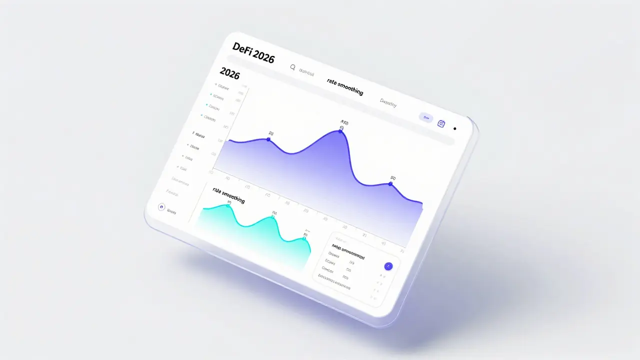 Product design sketch of a futuristic AI-powered DeFi dashboard with predictive rate curves