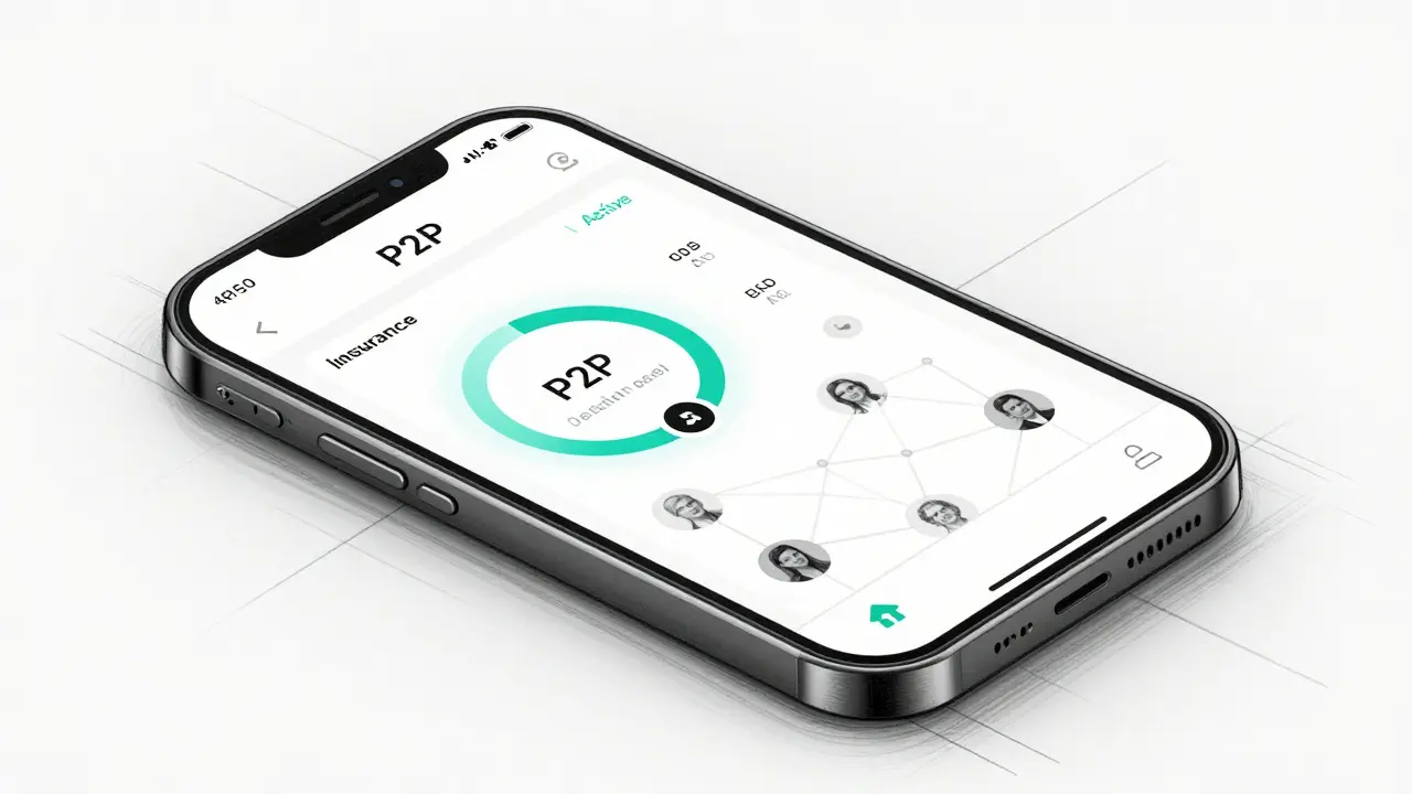 Product design sketch of a mobile app interface for managing a peer-to-peer insurance pool.