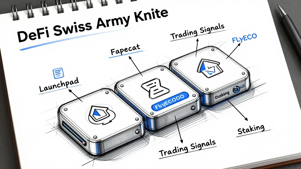 Product design sketch of a modular DeFi utility tool representing the FLyECO ecosystem.
