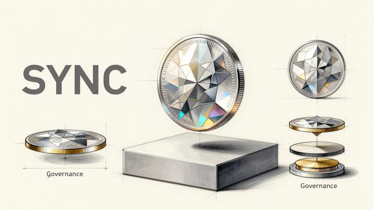 Product design sketch of the SYNC token as a holographic coin with technical cross-section diagrams.