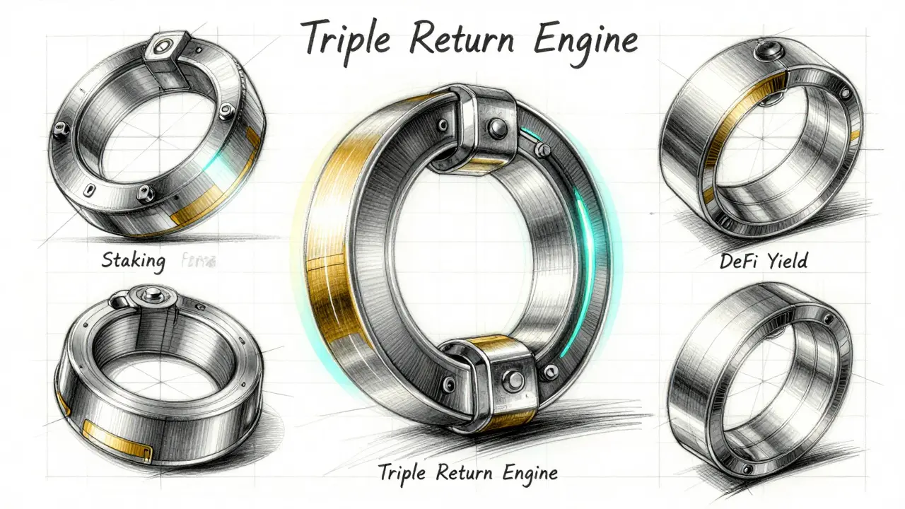 Product design sketch of three interlocking rings representing a triple-layer reward system