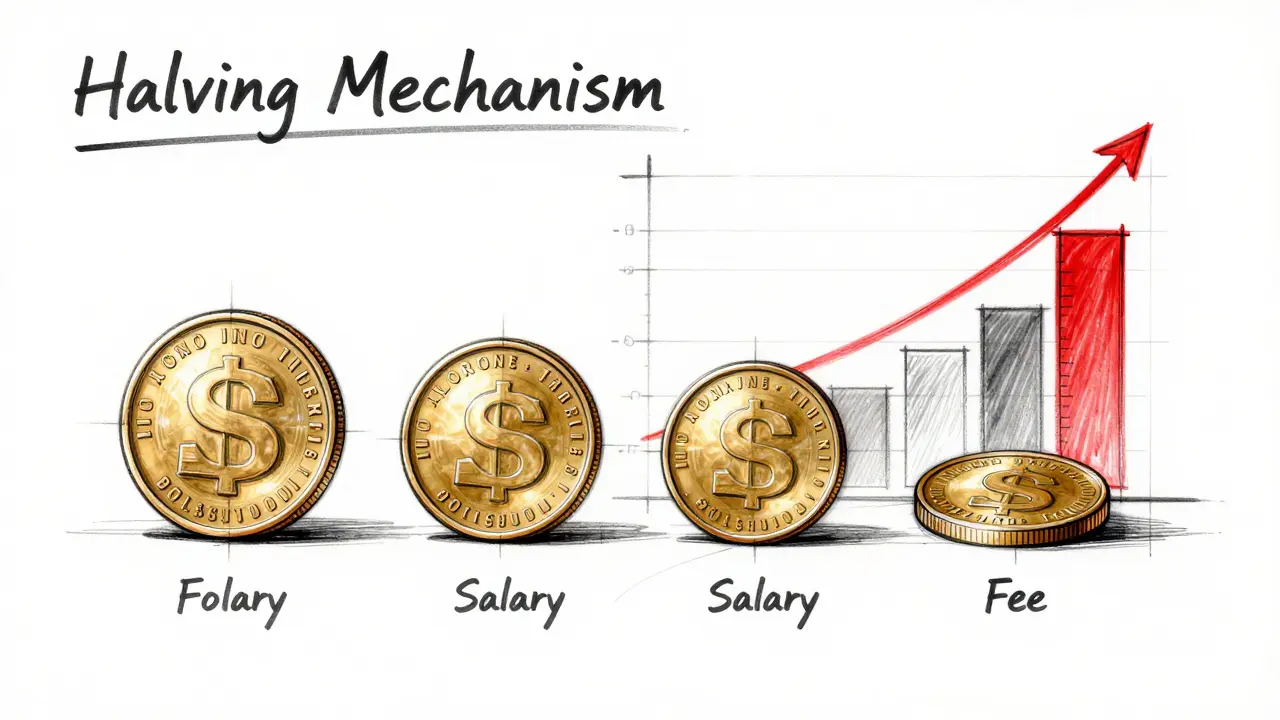 Product design storyboard showing the Bitcoin halving process with shrinking gold coins.