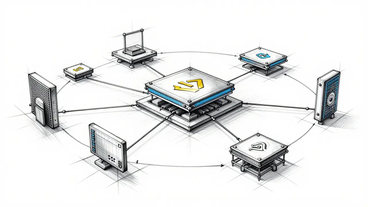 Technical design sketch of a blockchain network and digital ecosystem nodes.