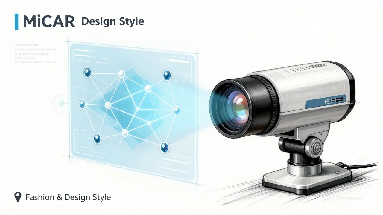 Technical design sketch of a digital network being scanned by a precision lens.