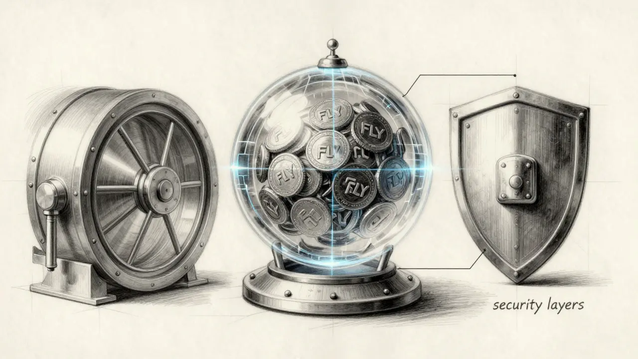 Technical design sketch of a digital security vault protecting FLY tokens from scams.