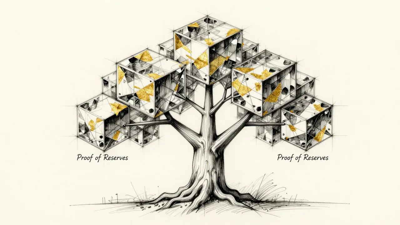 Technical design sketch of a geometric Merkle tree structure representing digital reserves.