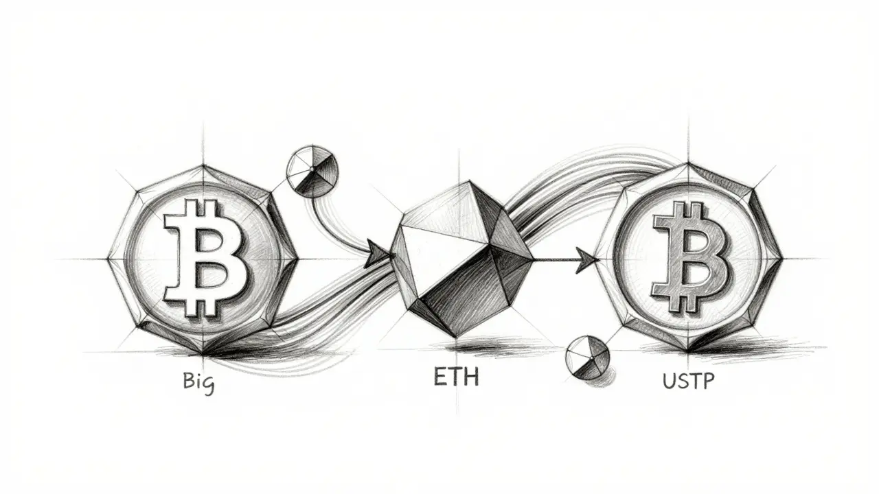 Technical design sketch showing interconnected nodes representing BTC, ETH, and USDT value flow.