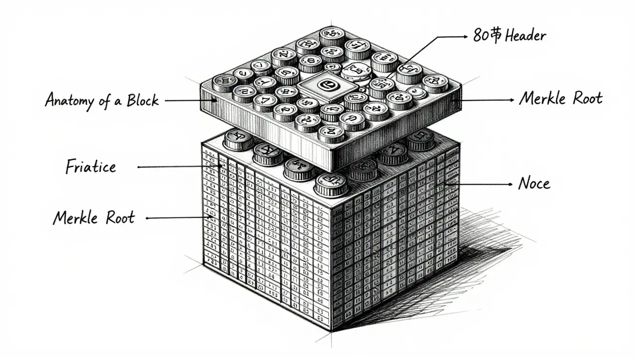 Technical explosion sketch of a blockchain block showing header and data layers.