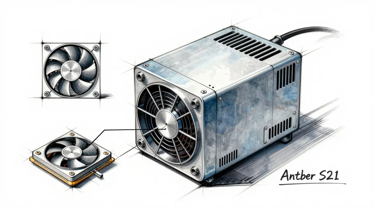 Technical product design sketch of an industrial ASIC miner with cooling details