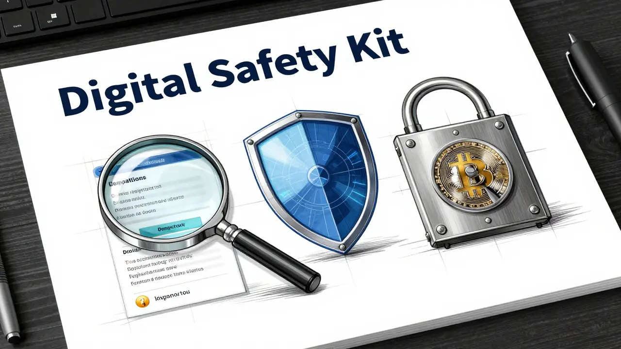 Technical product sketch of a digital safety kit featuring a magnifying glass and a security shield.