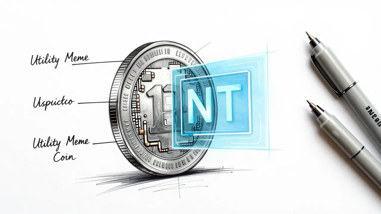 Technical product sketch of a futuristic utility coin with integrated NFT elements.