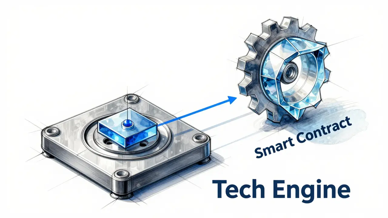 Technical sketch of a blockchain node and smart contract mechanism for automated insurance payouts.