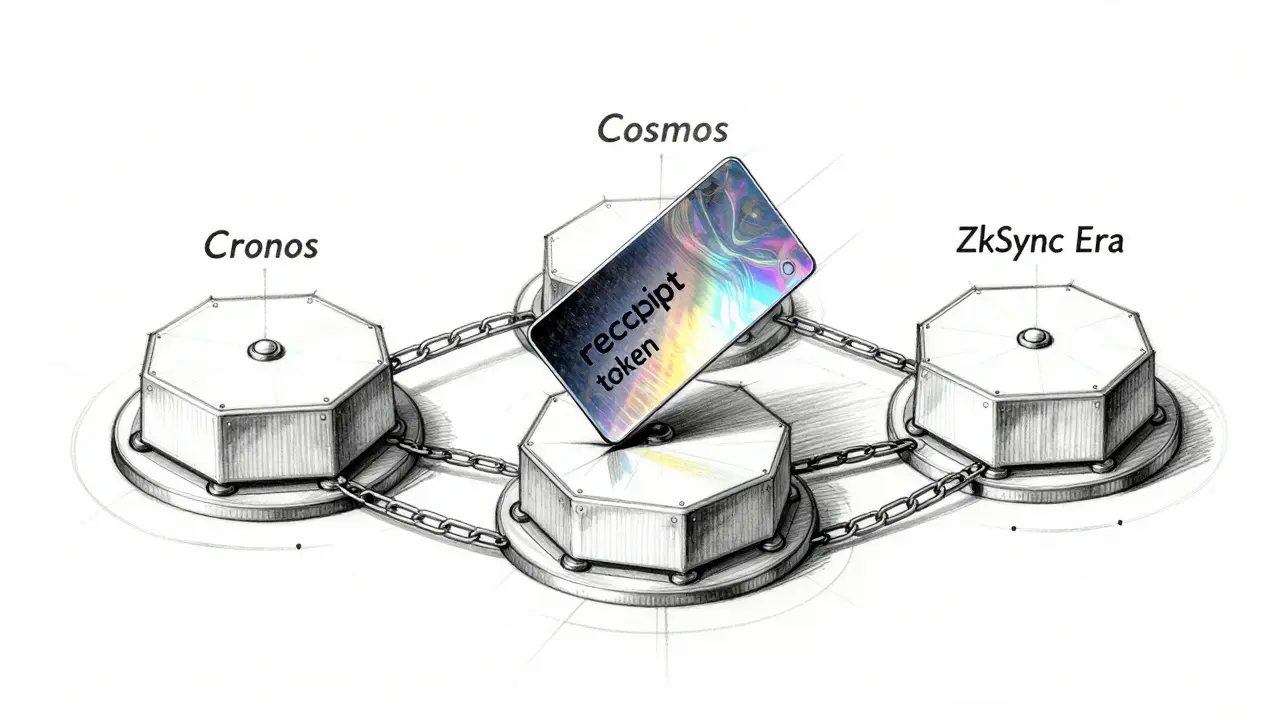 Technical sketch of interconnected modules representing multi-chain liquid staking.