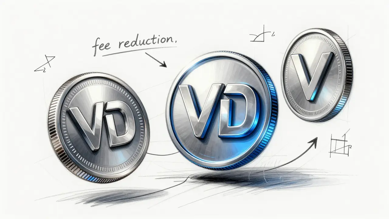 Technical sketch of VD tokens with conceptual fee-reduction symbols.