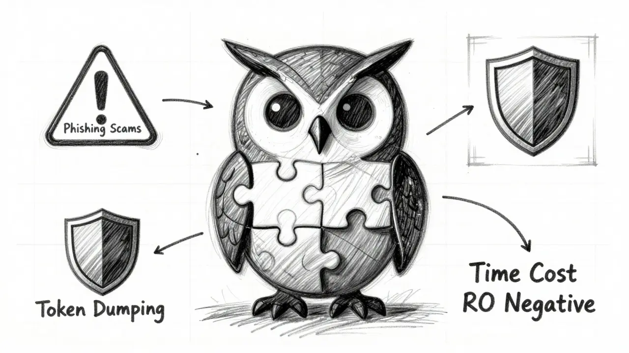 Artistic product design sketch illustrating OwlDAO airdrop risks with fragmented owl silhouette, warning signs, and security annotations