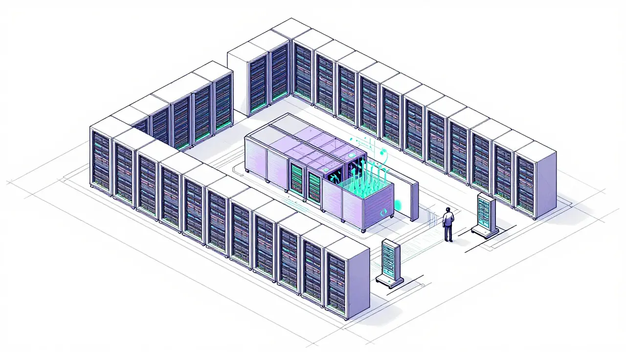 Concept sketch of data center pivoting from crypto mining to AI