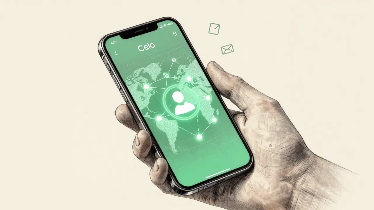 Conceptual product sketch of Celo mobile wallet with global connectivity nodes